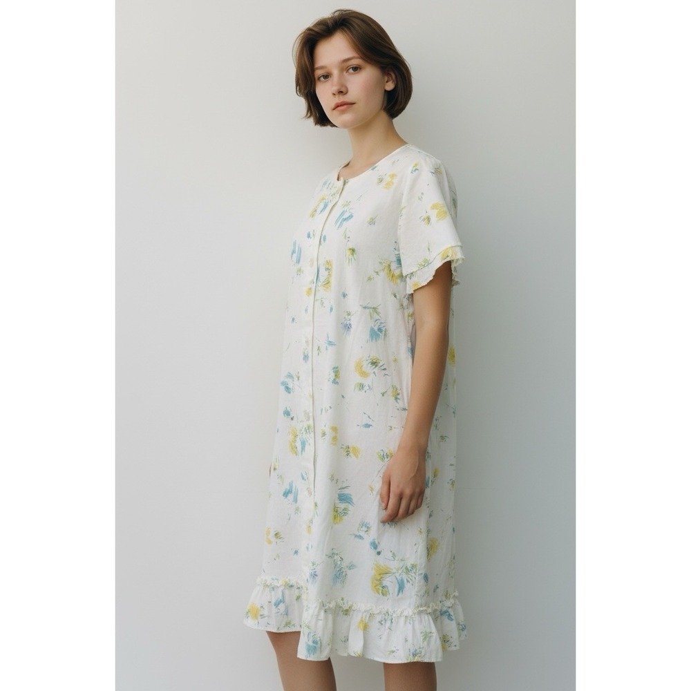 Grunge House Coat Smock Patio House Dress VTG Floral 50s Hippie Button Small